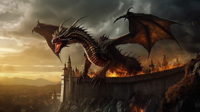 AI generated illustration of a dragon perched atop a tall building in flames