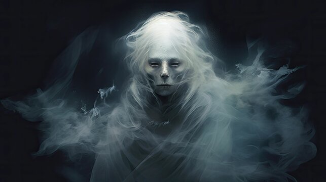 AI generated illustration of a spooky spirit with smoky mist emanating from her body