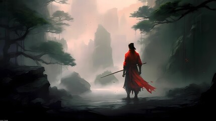 AI generated illustration of an oil painting of a brave fighter in the lush green meadow