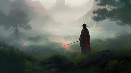 Obraz premium AI generated illustration of an oil painting of a brave fighter in the lush green meadow