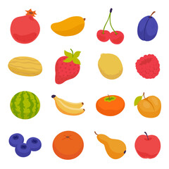 Set of cherry, orange, lemon, watermelon, melon, blueberry, bananas, raspberry, strawberry, pomegranate, plum, persimmon, apricot, peach, pear, apple. Vector illustration of fruits and berries