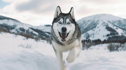 AI generated illustration of A majestic Siberian Husky running through a beautiful winter landscape