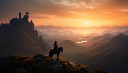 AI generated illustration of a knight with a horse standing on a hill at sunrise - obrazy, fototapety, plakaty