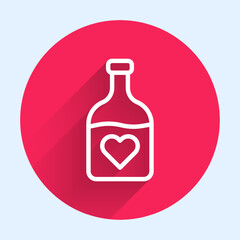 White line Bottle with love potion icon isolated with long shadow background. Happy Valentines day. Red circle button. Vector