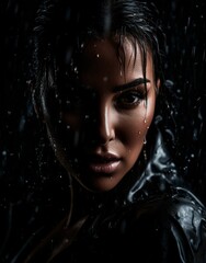 Attractive woman standing in the rain with dark clothing drenched in water, AI-generated.