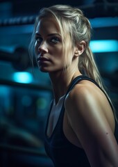 Fototapeta na wymiar AI generated illustration of A confident young blonde woman standing in an indoor gymnasium