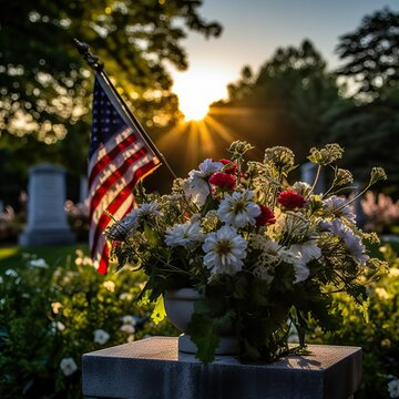 AI generated illustration of Memorial day gravesite with an American flag and a bouquet of flowers