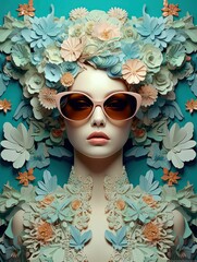 AI generated illustration of a young woman wearing glasses and surrounded by colorful flowers