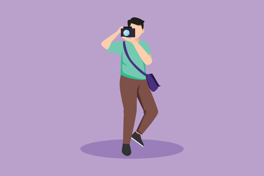 Graphic flat design drawing young active man with camera and sling bag taking pictures or photos. Male paparazzi or journalist occupation, digital photography hobby. Cartoon style vector illustration
