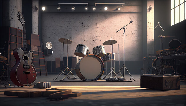 Abstract music rehearsal base with guitar and other equipment. Indoor background Ai generated image