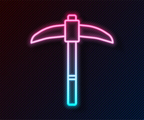 Glowing neon line Pickaxe icon isolated on black background. Vector