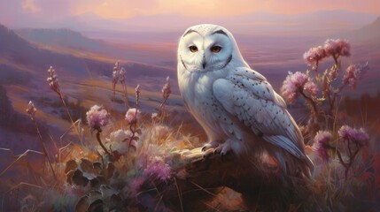 White owl on the meadow with pink flowers. Digital painting