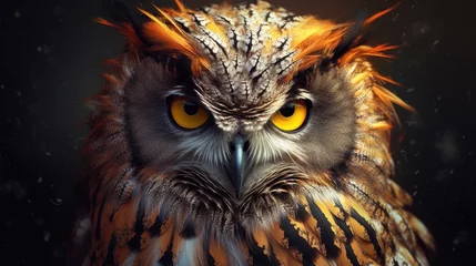 Küchenrückwand glas motiv Beautiful owl with orange eyes on a dark background. 3d rendering © Ali
