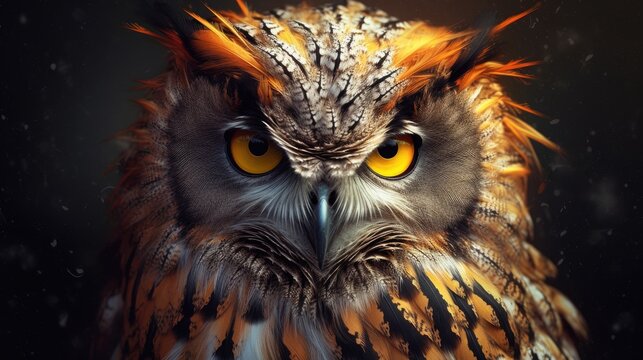 Beautiful owl with orange eyes on a dark background. 3d rendering