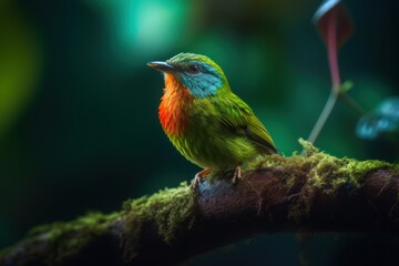 Obraz premium nice little multicolored bird in forest close-up view, ai tools generated image