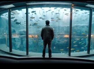 Fototapeta na wymiar Man watching underwater world through round window in aquarium Created with Generative AI technology.