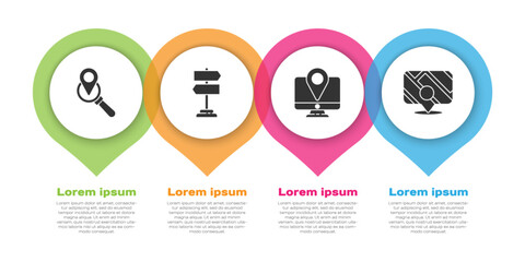 Set Search location, Road traffic sign, Monitor with location marker and Infographic of city map navigation. Business infographic template. Vector