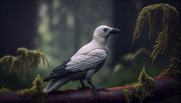 Beautiful and extraordinary white crow or albino raven in the forest illustration. Rare bird in outdoor nature background Ai generated image