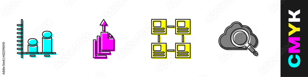 Poster set data analysis, export, hierarchy organogram chart and search cloud computing icon. vector