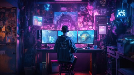 boy playing computer games in a cyber-punk style room, ai tools generated image