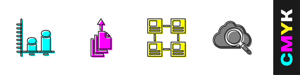 Set Data analysis, export, Hierarchy organogram chart and Search cloud computing icon. Vector