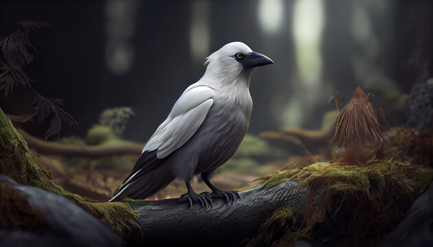 Beautiful and extraordinary white crow or albino raven in the forest illustration. Rare bird in outdoor nature background Ai generated image