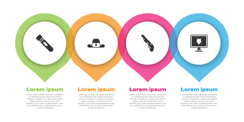 Set Flashlight, Sheriff hat with badge, Police shotgun and database. Business infographic template. Vector