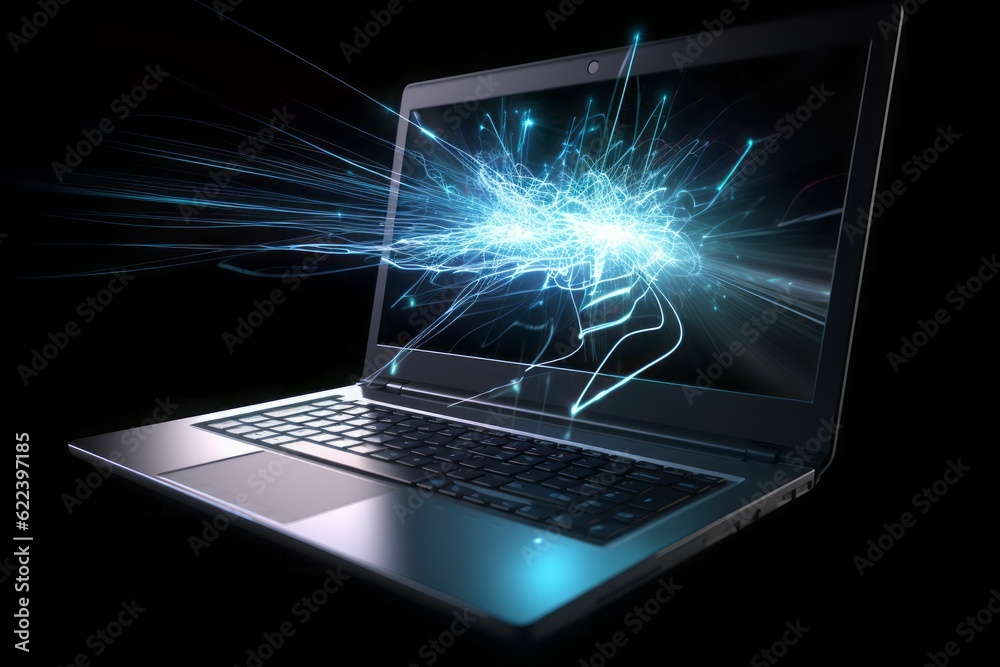 Aufkleber laptop on blue connection, Digital Frontier: CGI Image of a Laptop Networking with the Cloud, Creating Connections in a Space of Light Blue and Blue