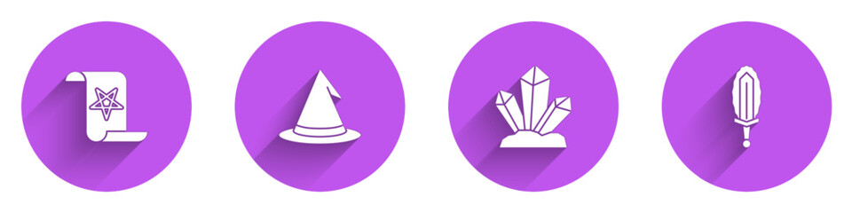 Fototapeta premium Set Ancient magic book, Witch hat, Magic stone and sword in fire icon with long shadow. Vector