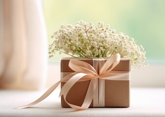 Gift or present box and flower gypsophila on light table top view. Greeting card. Flat lay style with copy space. Created with Generative AI technology.