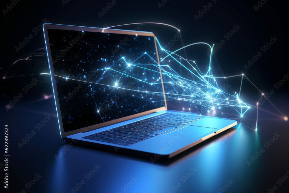 Poster laptop on blue connection, Digital Frontier: CGI Image of a Laptop Networking with the Cloud, Creating Connections in a Space of Light Blue and Blue