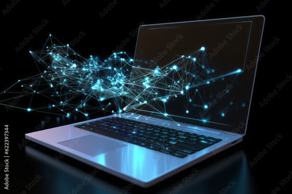 Poster laptop on blue connection, Digital Frontier: CGI Image of a Laptop Networking with the Cloud, Creating Connections in a Space of Light Blue and Blue