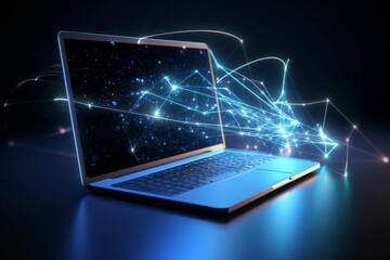 laptop on blue connection, Digital Frontier: CGI Image of a Laptop Networking with the Cloud, Creating Connections in a Space of Light Blue and Blue - obrazy, fototapety, plakaty