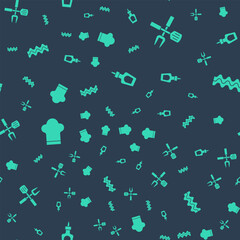 Set Sauce bottle, Crossed fork and spatula, Chef hat and Bacon stripe on seamless pattern. Vector