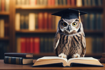 wise owl with graduation cap sitting on book on library shelves background. learning, wisdom and education concept. generative ai - obrazy, fototapety, plakaty