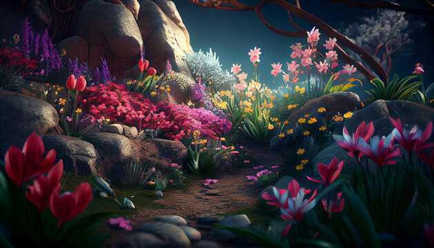 Beautiful enchanted landscape. Fantasy garden background. Magic meadow with spring flowers Ai generated image