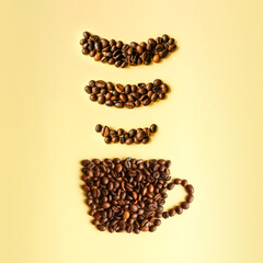 Cup made of coffee beans with wifi signal against gradient yellow background. Flat lay, copy space. Coffee art. Creative layout. Morning coffee. Searching for coffee.