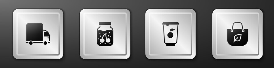 Set Delivery cargo truck, Jam jar, Yogurt container and Shopping bag with recycle icon. Silver square button. Vector