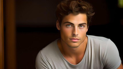 Fototapeta premium Neon portrait of a young attractive man, Black Background, Generative AI