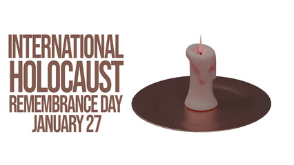 International Holocaust Remembrance Day. Burning candle on golden plate with typography, closeup