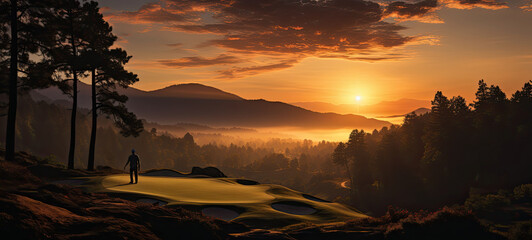 the sun casting a golden glow across the golf course