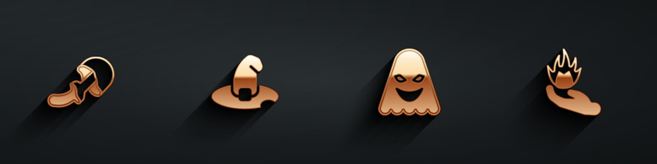 Set Psilocybin mushroom, Witch hat, Ghost and Hand holding fire icon with long shadow. Vector