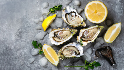 Fresh opened oysters, lemon, herbs, ice on concrete stone grey background. Top view, copy space