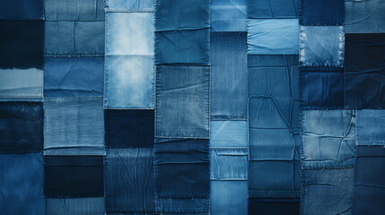 Creative Patchwork of Denim Textures in Various Shades of Blue, Ideal for Youth-centric Fashion Advertisements - obrazy, fototapety, plakaty