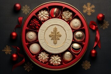 Christmas luxury candy box. Round box with chocolates and truffles top view, Generative AI