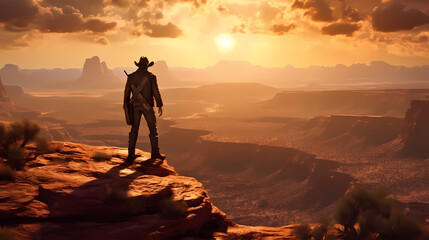 Obraz premium Lone cowboy, standing atop a rocky cliff overlooking a vast, arid desert, the setting sun casting. Wild west. Generative ai.