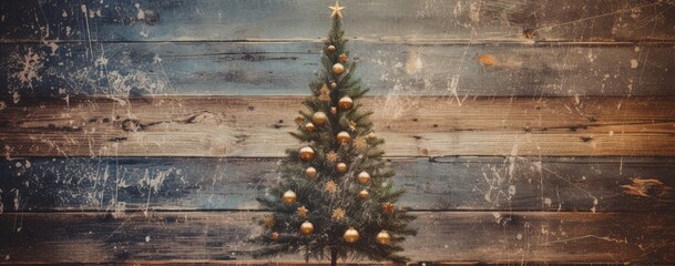 A Christmas tree and decorations on a faded and worn wooden background, old wooden christmas background, Generative AI
