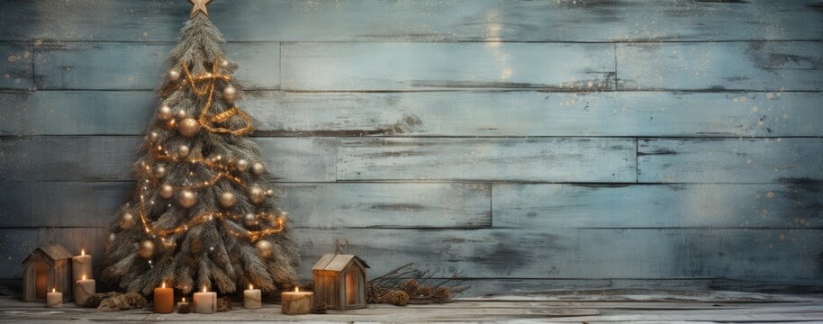 A Christmas tree and decorations on a faded and worn blue wooden background, old wooden christmas background, Generative AI
