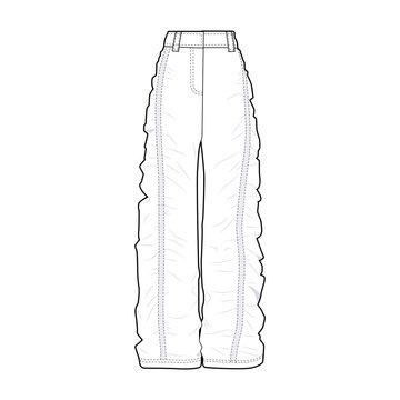 Ruched Drawstring Pants pants front view fashion flat sketch for Tech Pack. Trousers street style, CAD drawing, black and white, vector graphics for garment production apparel brand, womenswear