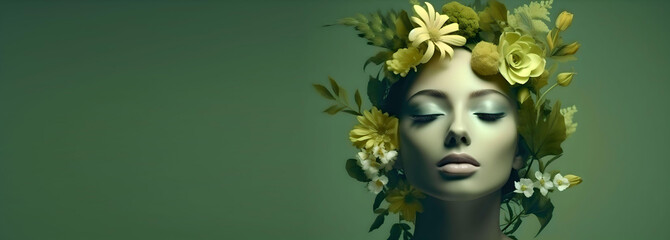 girl wearing a wreath of green wildflowers, Green background, copy space, generative ai